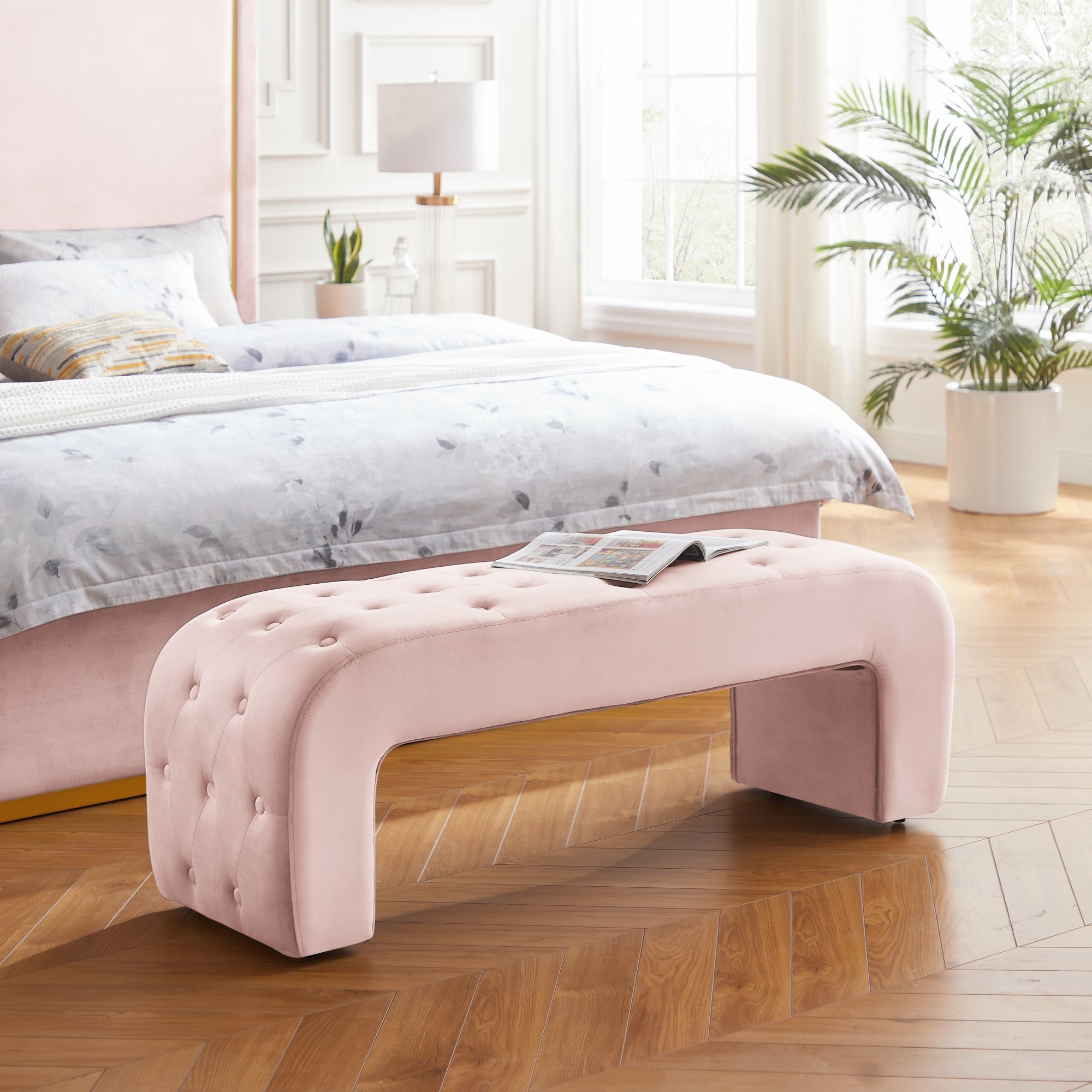 52" Blush Upholstered Velvet Bench