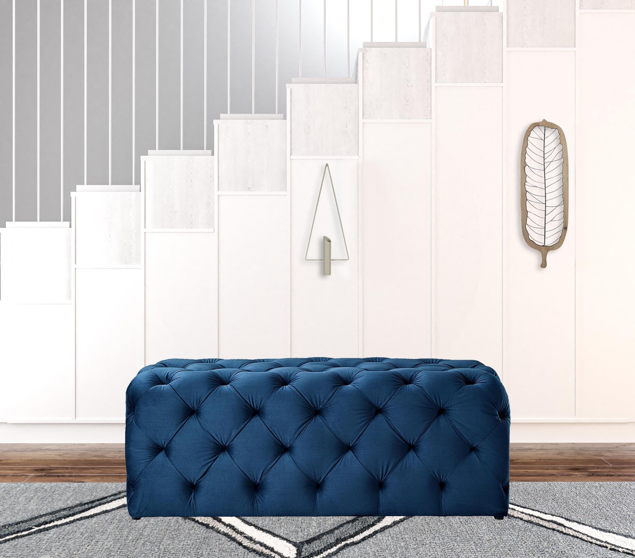 48" Navy Blue And Black Upholstered Velvet Bench