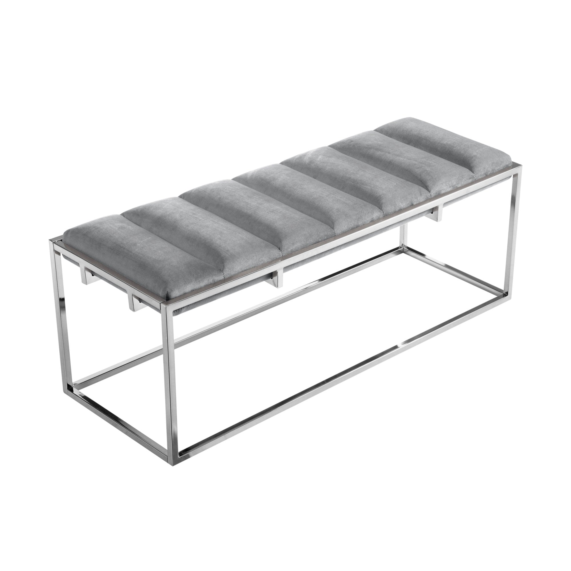 50" Gray And Silver Upholstered Velvet Bench