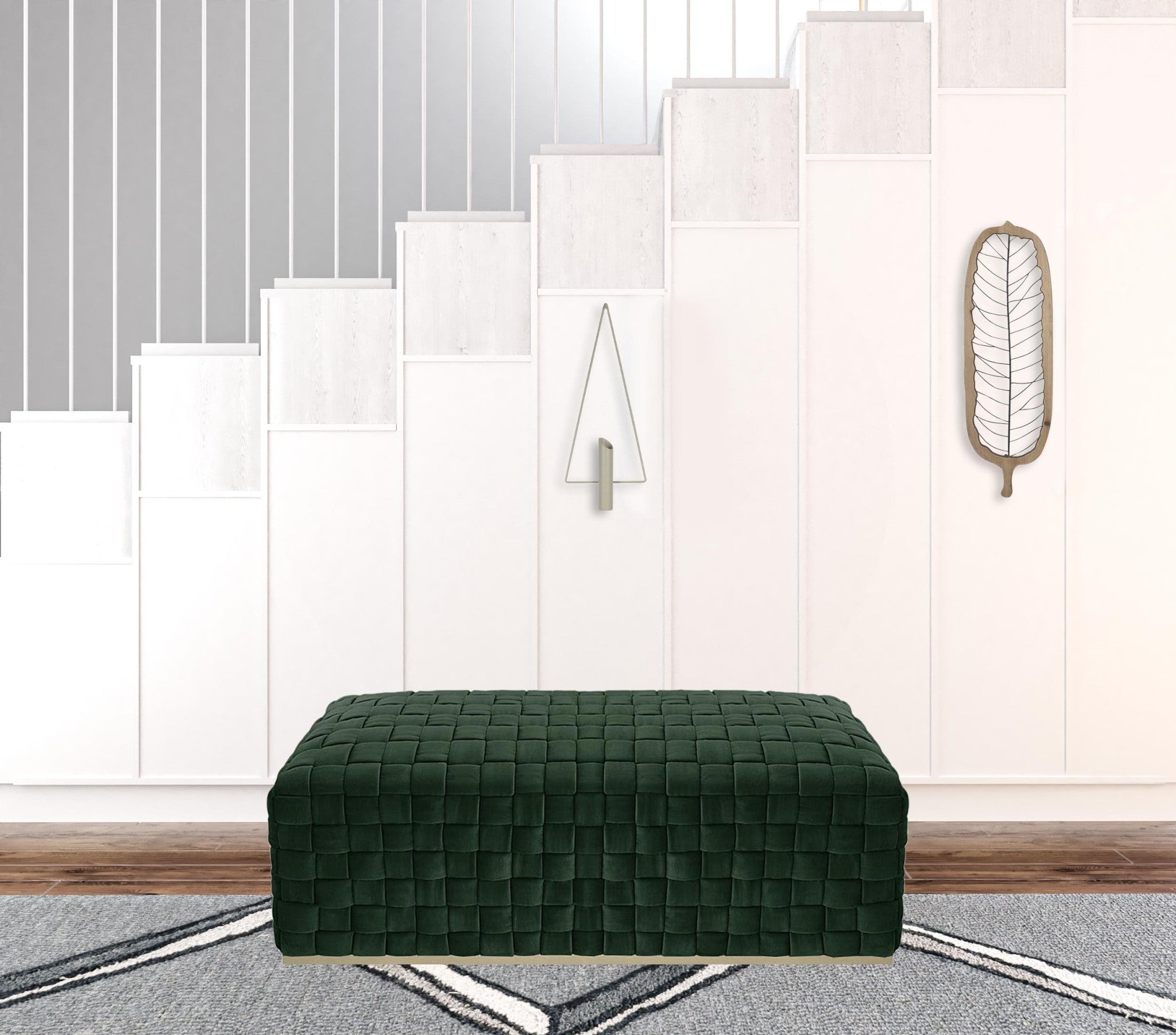 40" Hunter Green And Gold Upholstered Velvet Bench