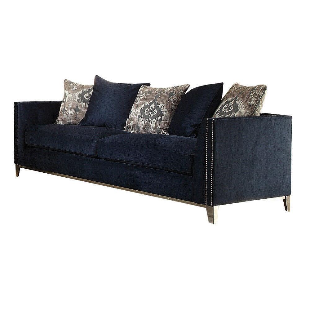 95" Blue Velvet And Black Sofa With Five Toss Pillows