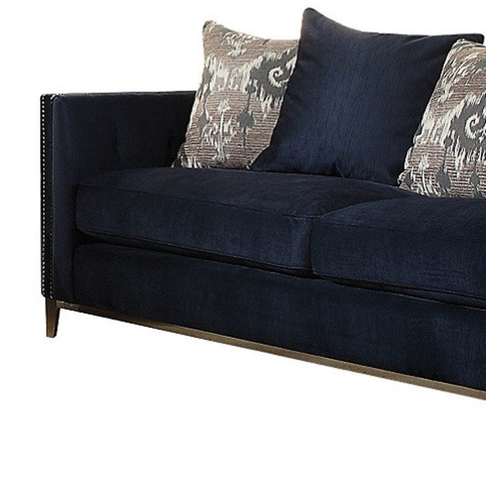 95" Blue Velvet And Black Sofa With Five Toss Pillows