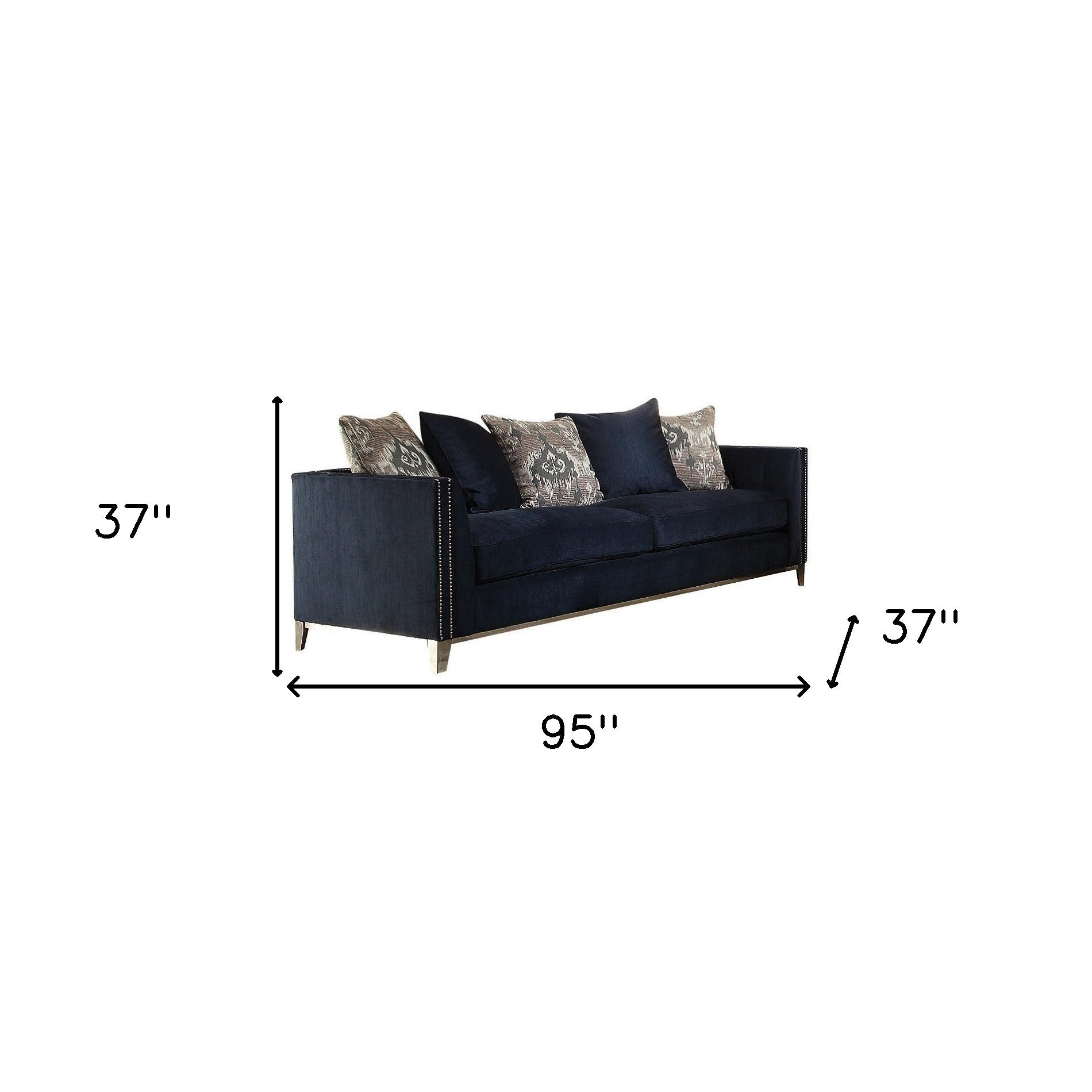 95" Blue Velvet And Black Sofa With Five Toss Pillows