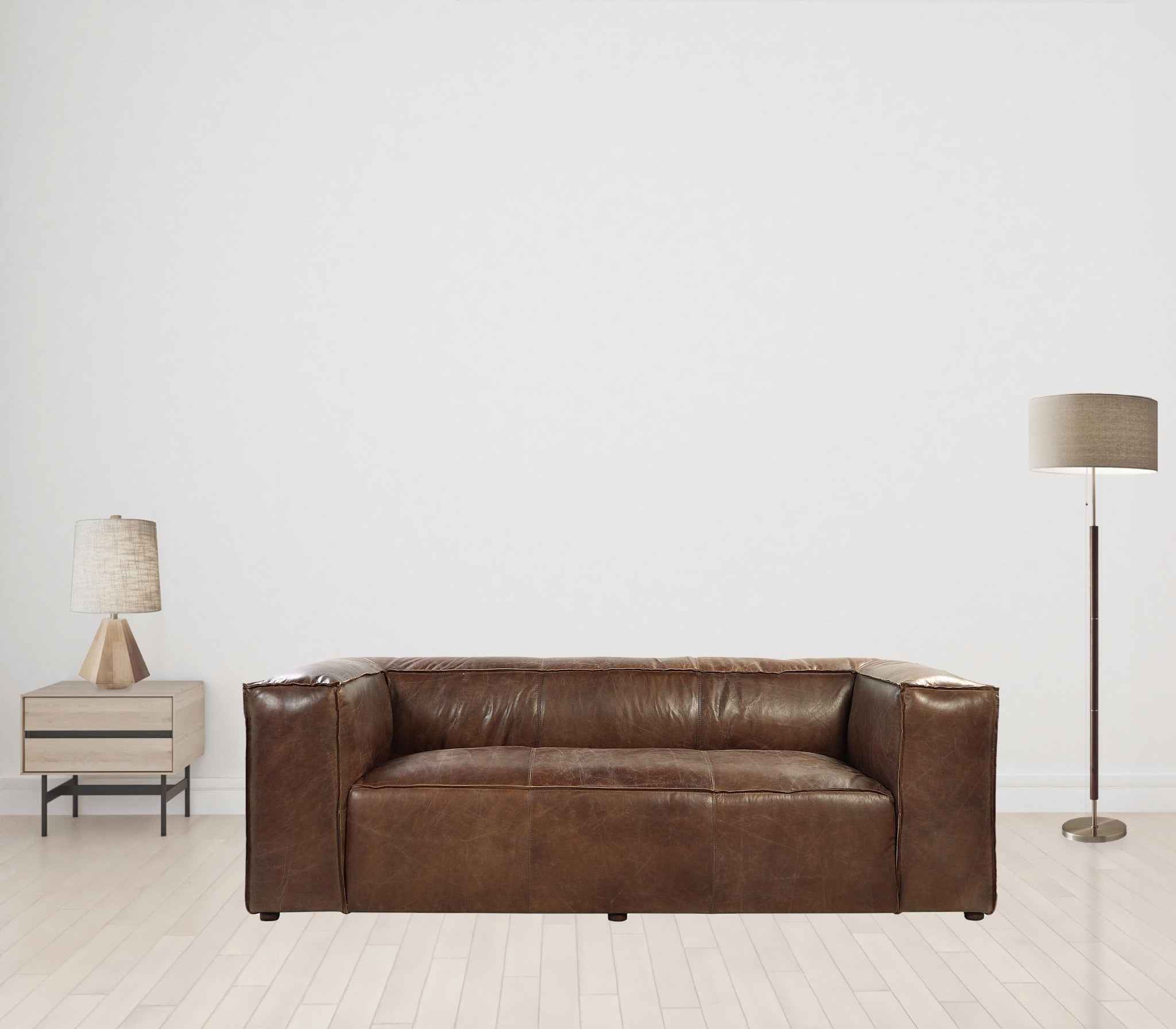 98" Brown Top Grain Leather And Black Sofa