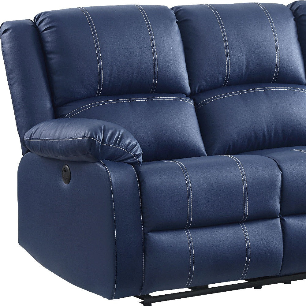 81" Blue Faux Leather And Black Usb Sofa