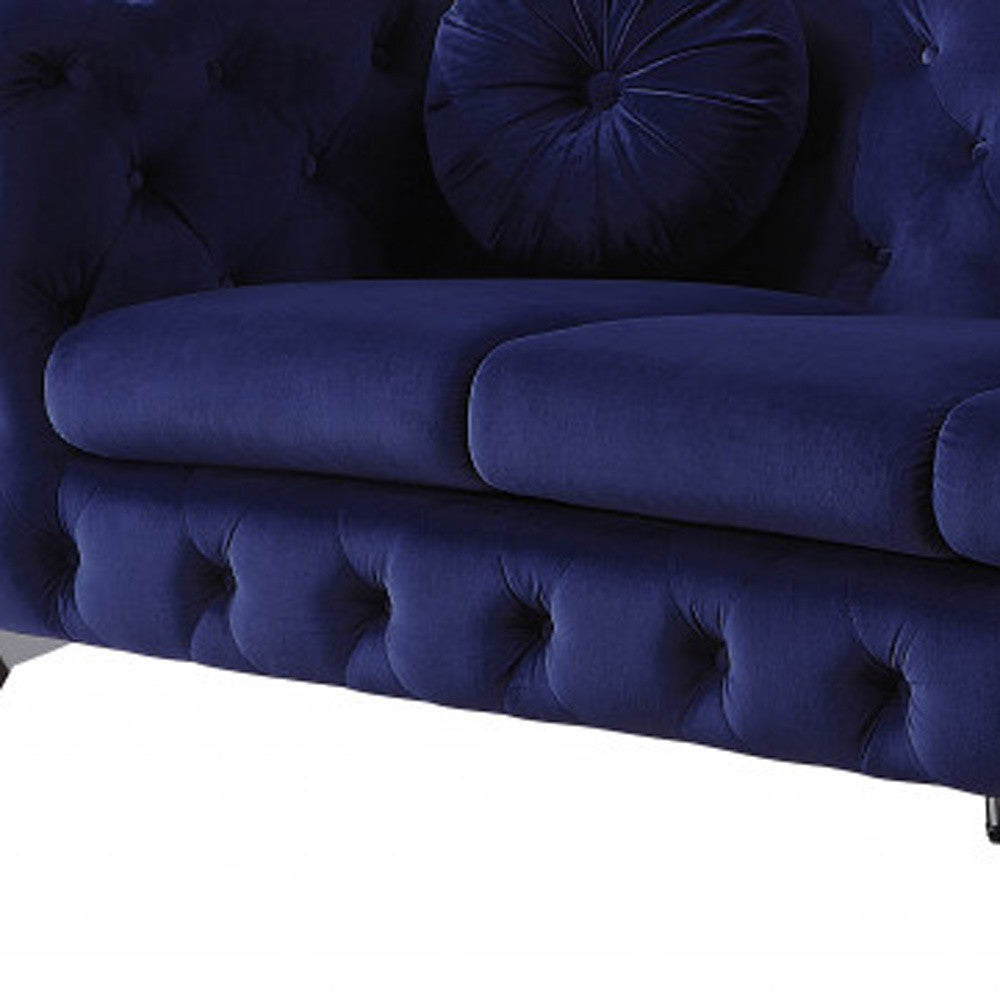 90" Blue Velvet And Black Sofa