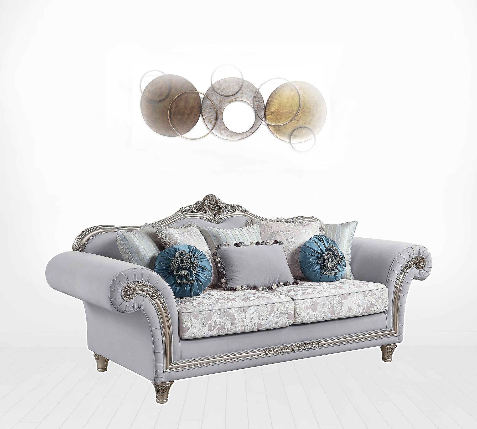 95" Light Gray Linen And Platinum Sofa With Eight Toss Pillows