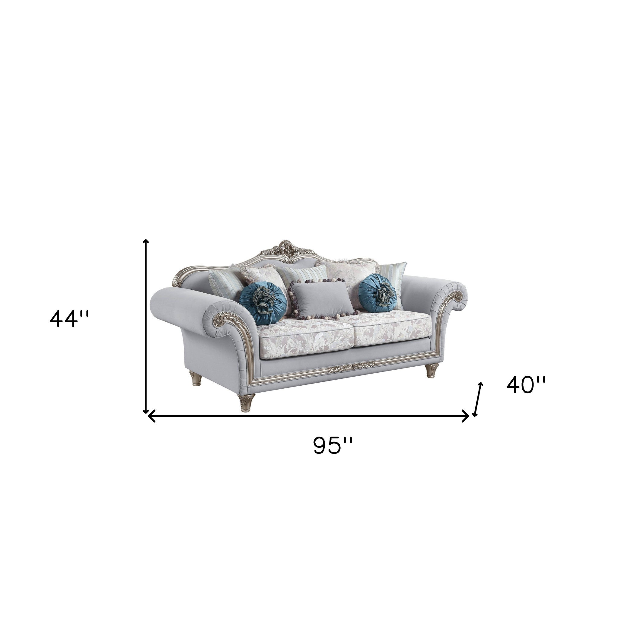 95" Light Gray Linen And Platinum Sofa With Eight Toss Pillows