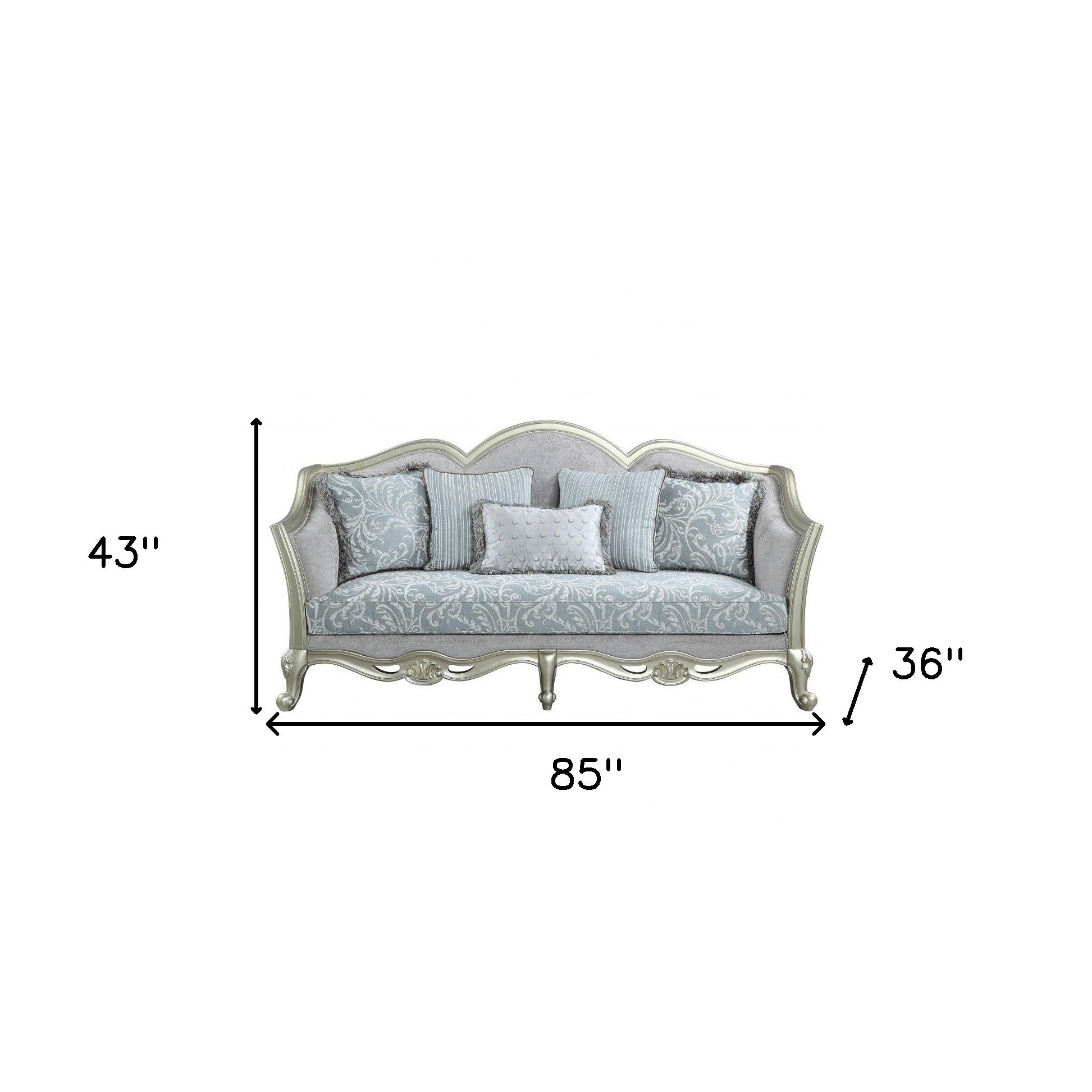 85" Light Gray Linen And Champagne Sofa With Five Toss Pillows