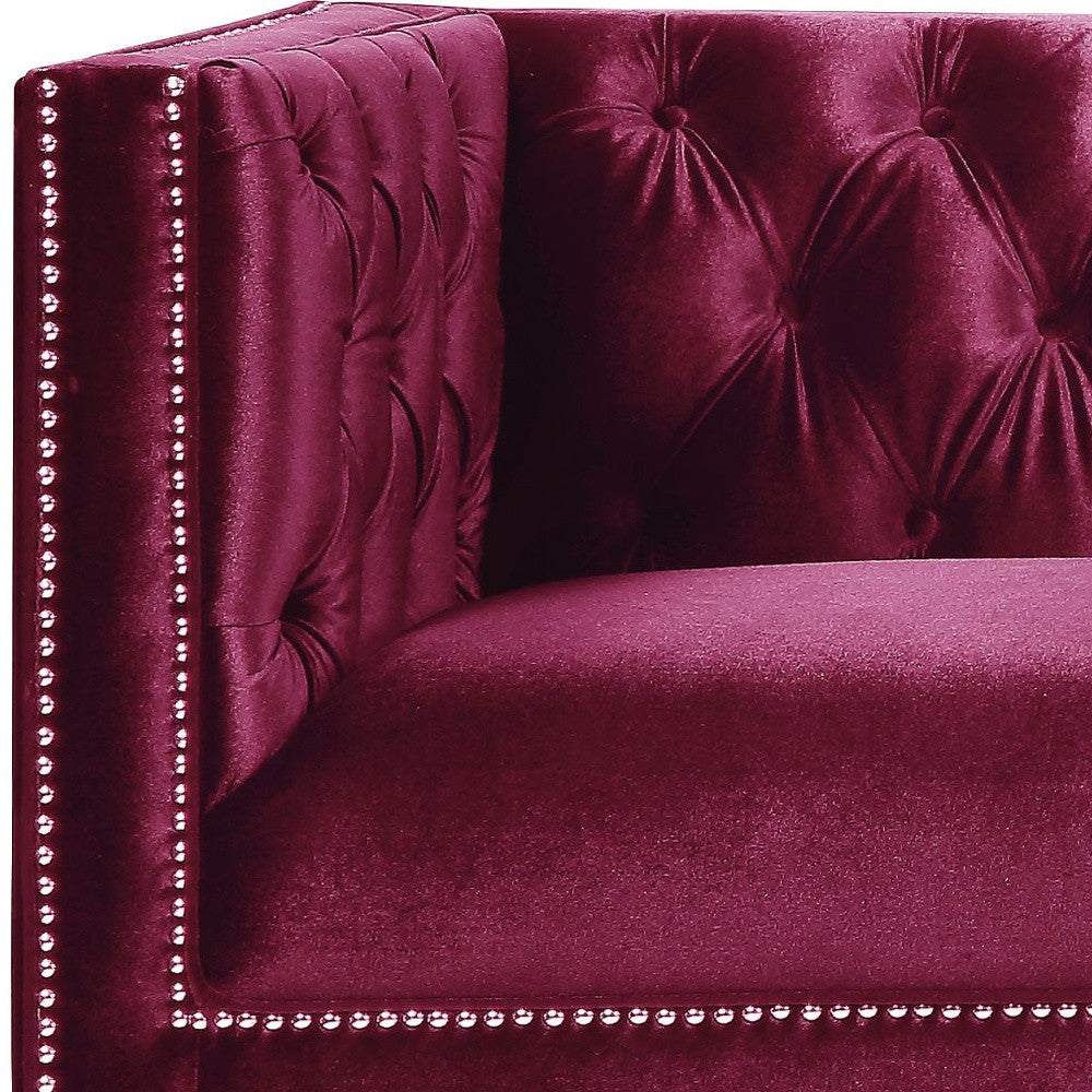 89" Burgundy Velvet And Black Sofa With Two Toss Pillows