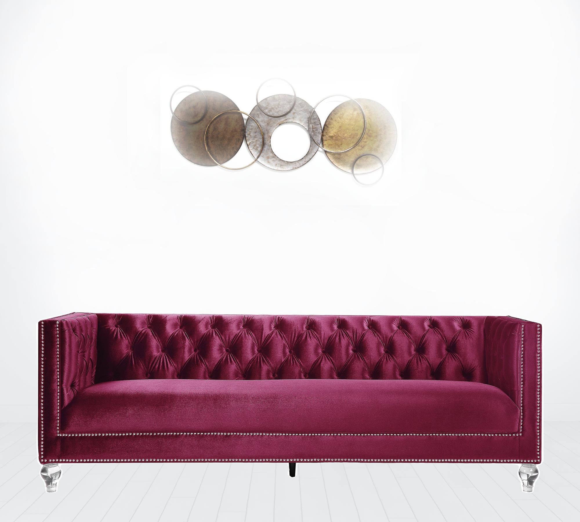 89" Burgundy Velvet And Black Sofa With Two Toss Pillows