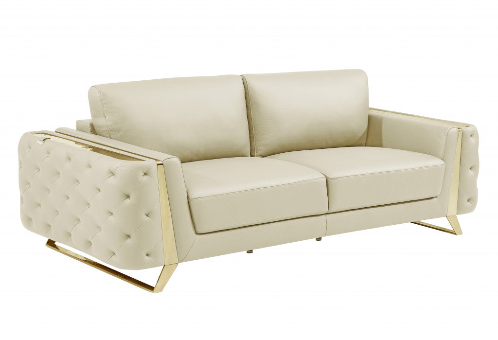 90" Beige Italian Leather And Gold Sofa