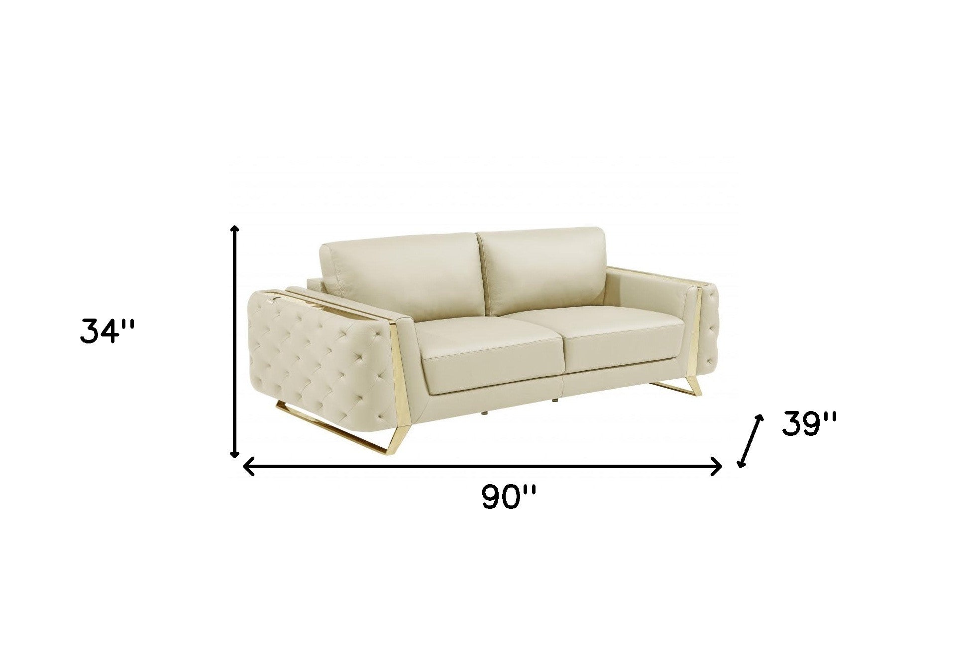 90" Beige Italian Leather And Gold Sofa