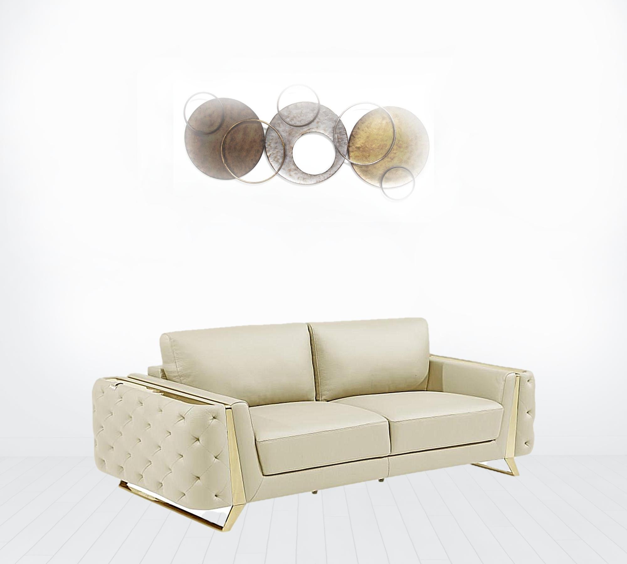 90" Beige Italian Leather And Gold Sofa