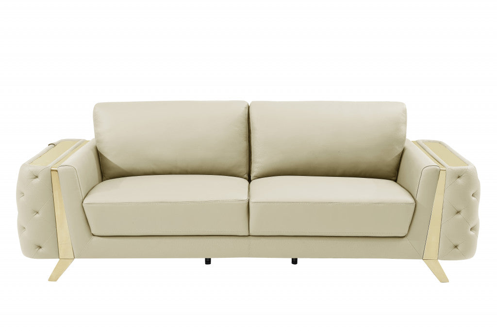 90" Beige Italian Leather And Gold Sofa