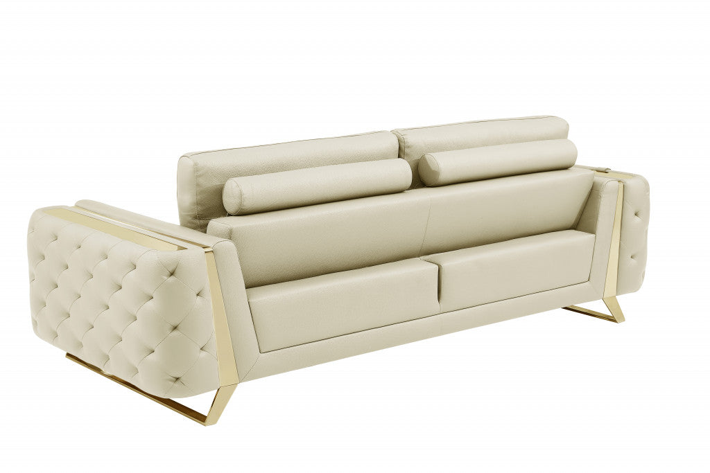 90" Beige Italian Leather And Gold Sofa