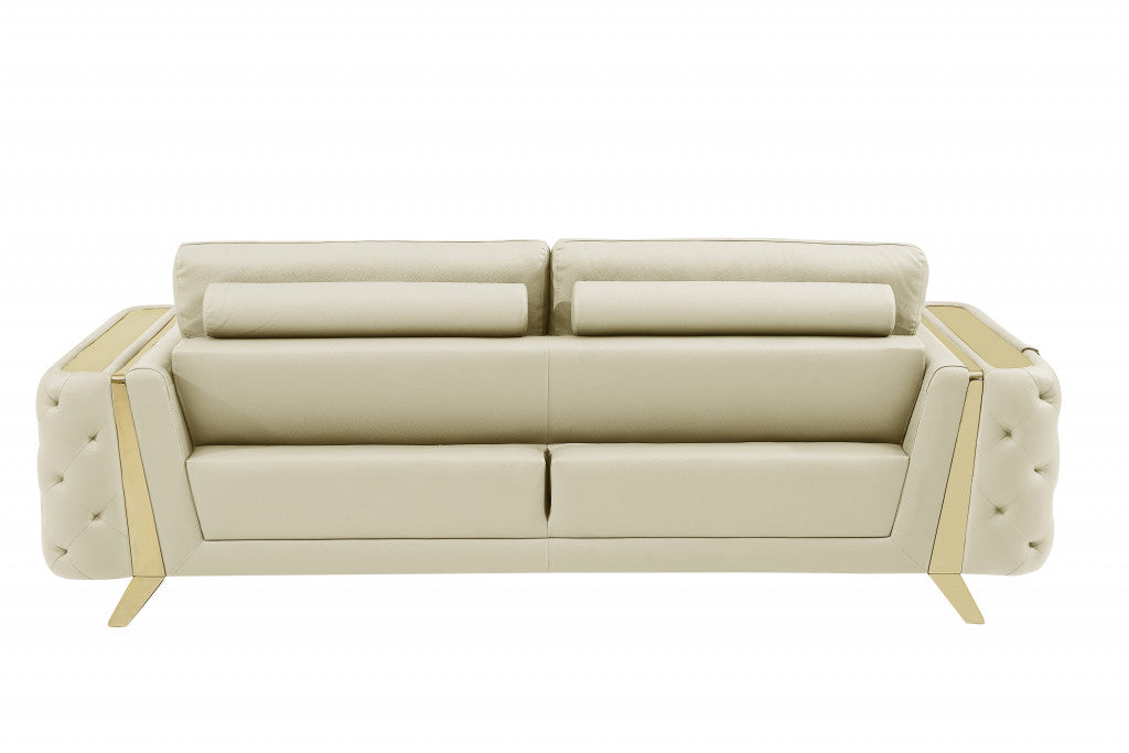 90" Beige Italian Leather And Gold Sofa