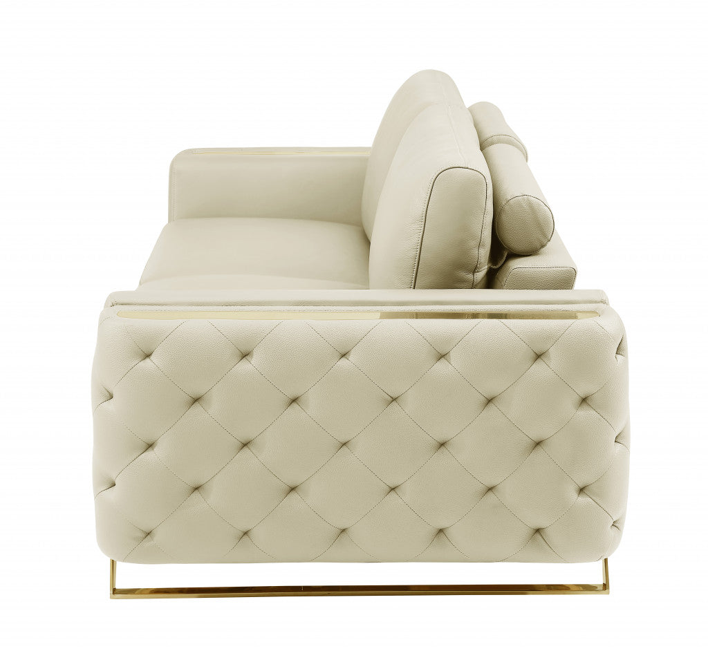 90" Beige Italian Leather And Gold Sofa