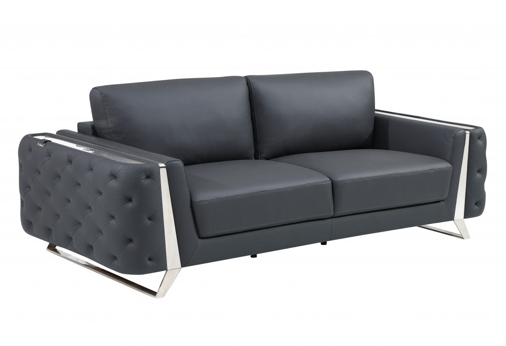 90" Dark Gray Italian Leather And Chrome Sofa