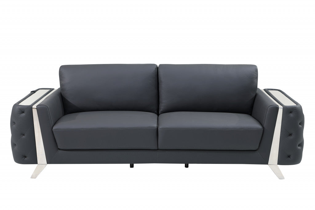 90" Dark Gray Italian Leather And Chrome Sofa