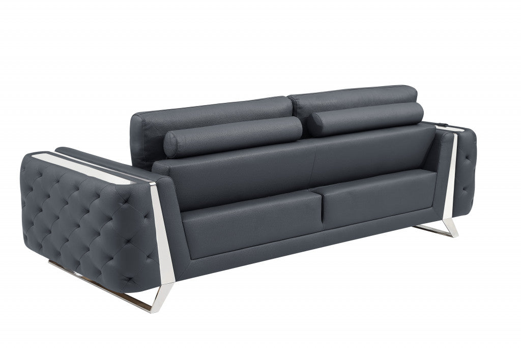 90" Dark Gray Italian Leather And Chrome Sofa