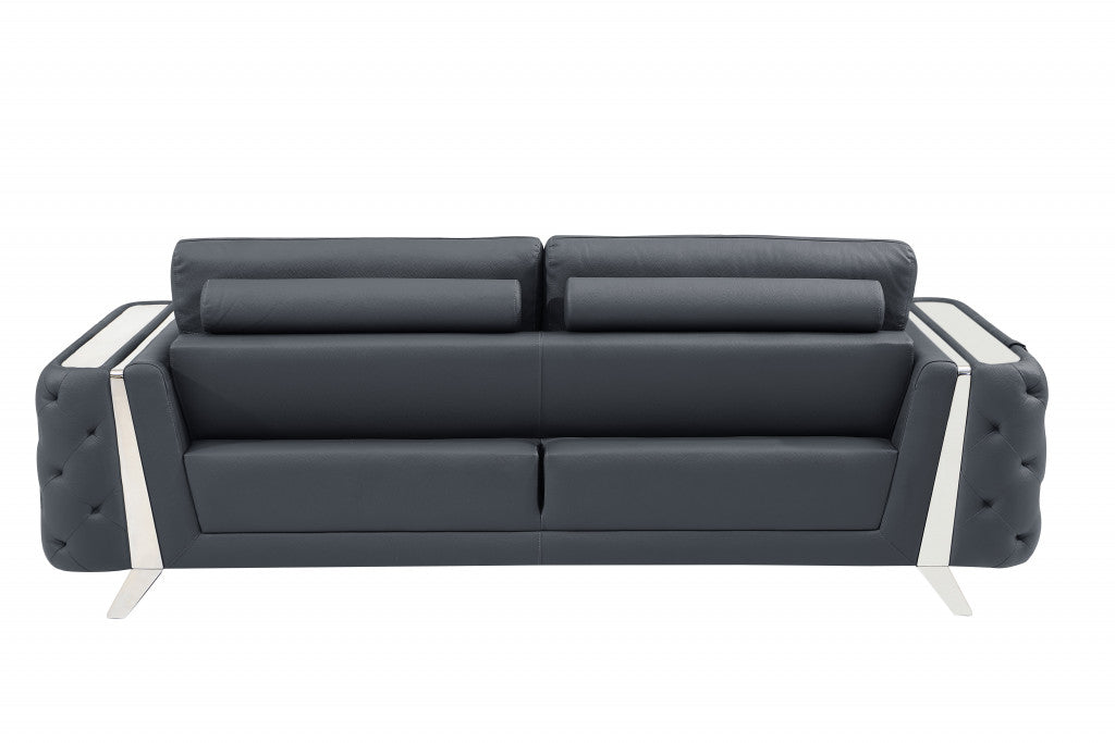 90" Dark Gray Italian Leather And Chrome Sofa