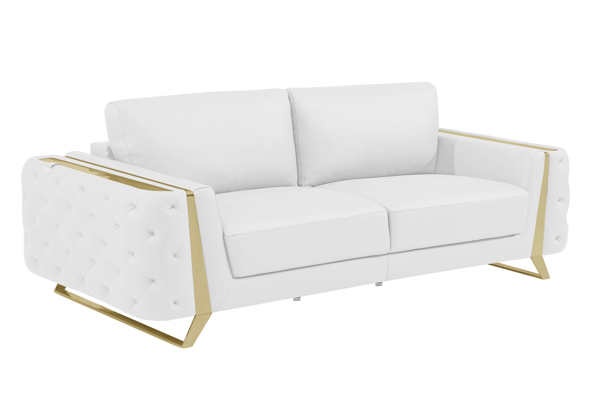 90" White Italian Leather And Gold Sofa