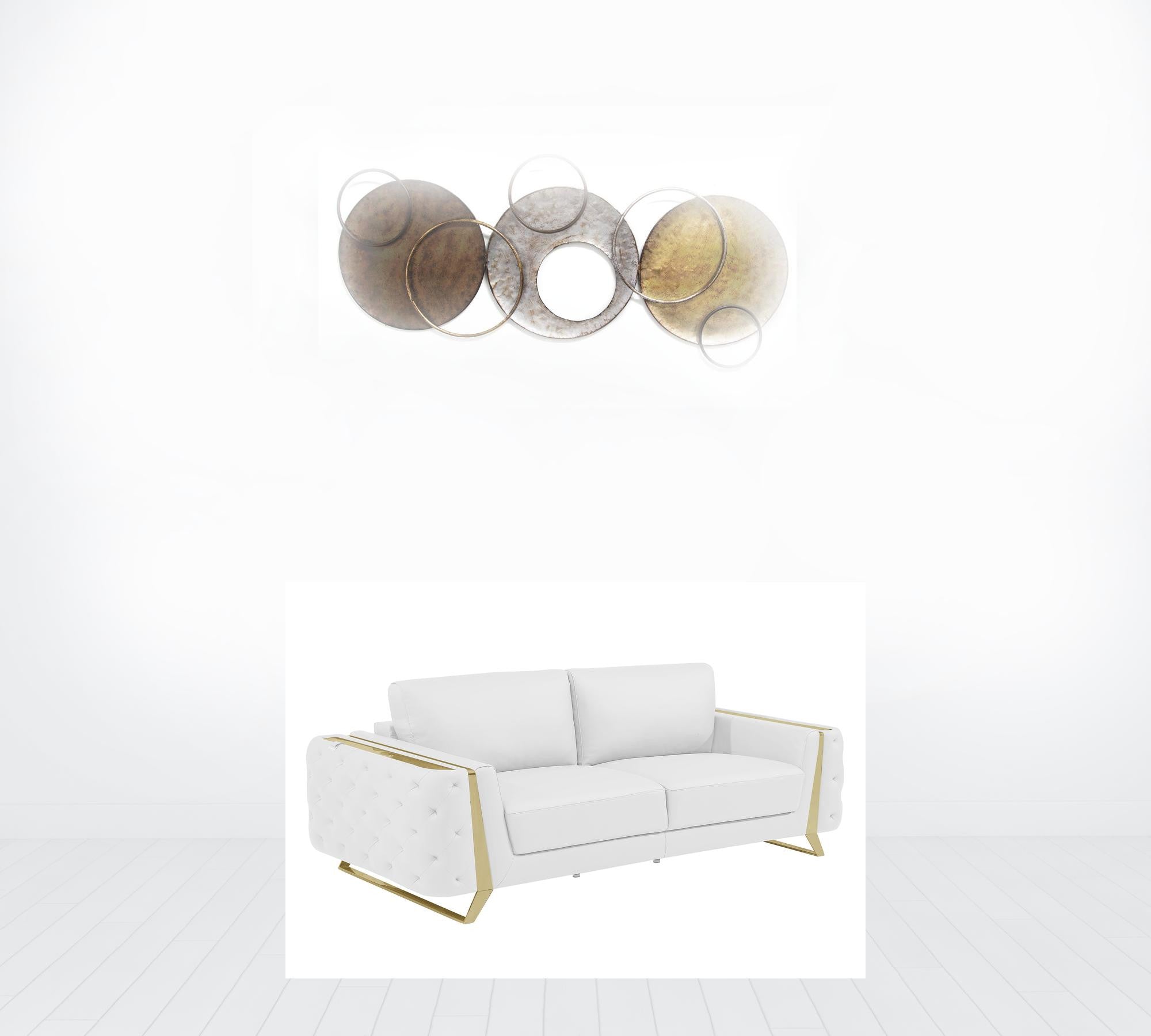 90" White Italian Leather And Gold Sofa