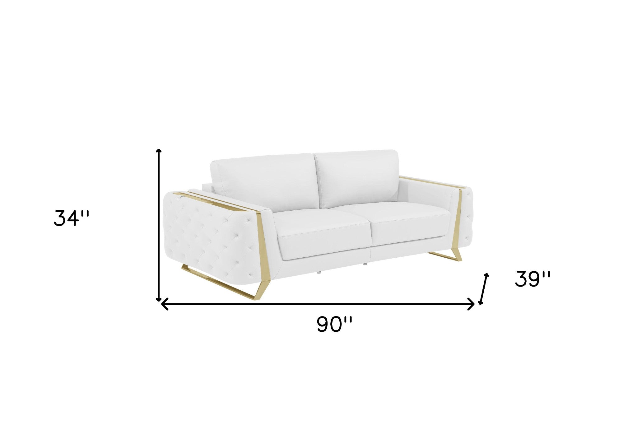 90" White Italian Leather And Gold Sofa