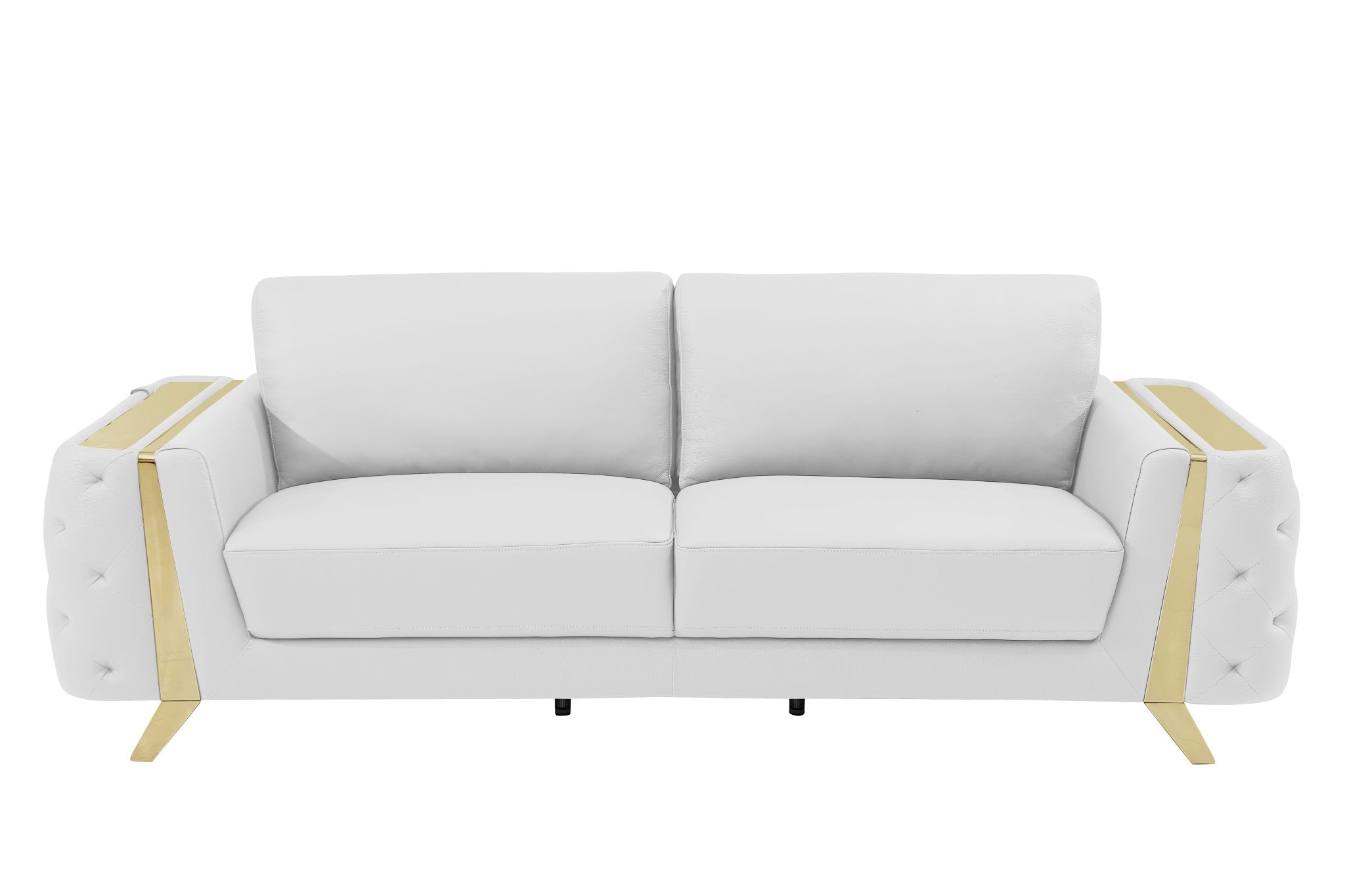 90" White Italian Leather And Gold Sofa