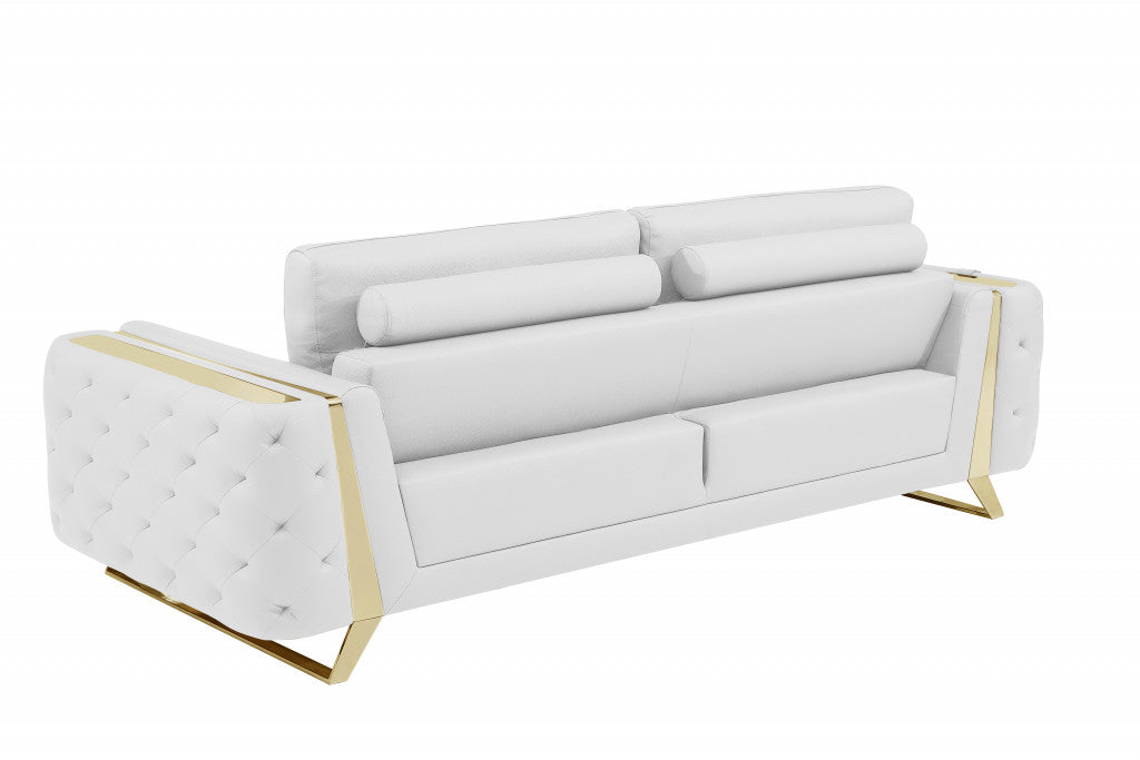 90" White Italian Leather And Gold Sofa