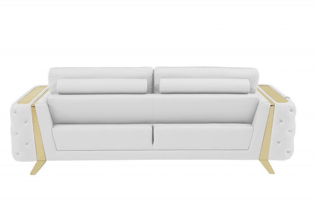 90" White Italian Leather And Gold Sofa