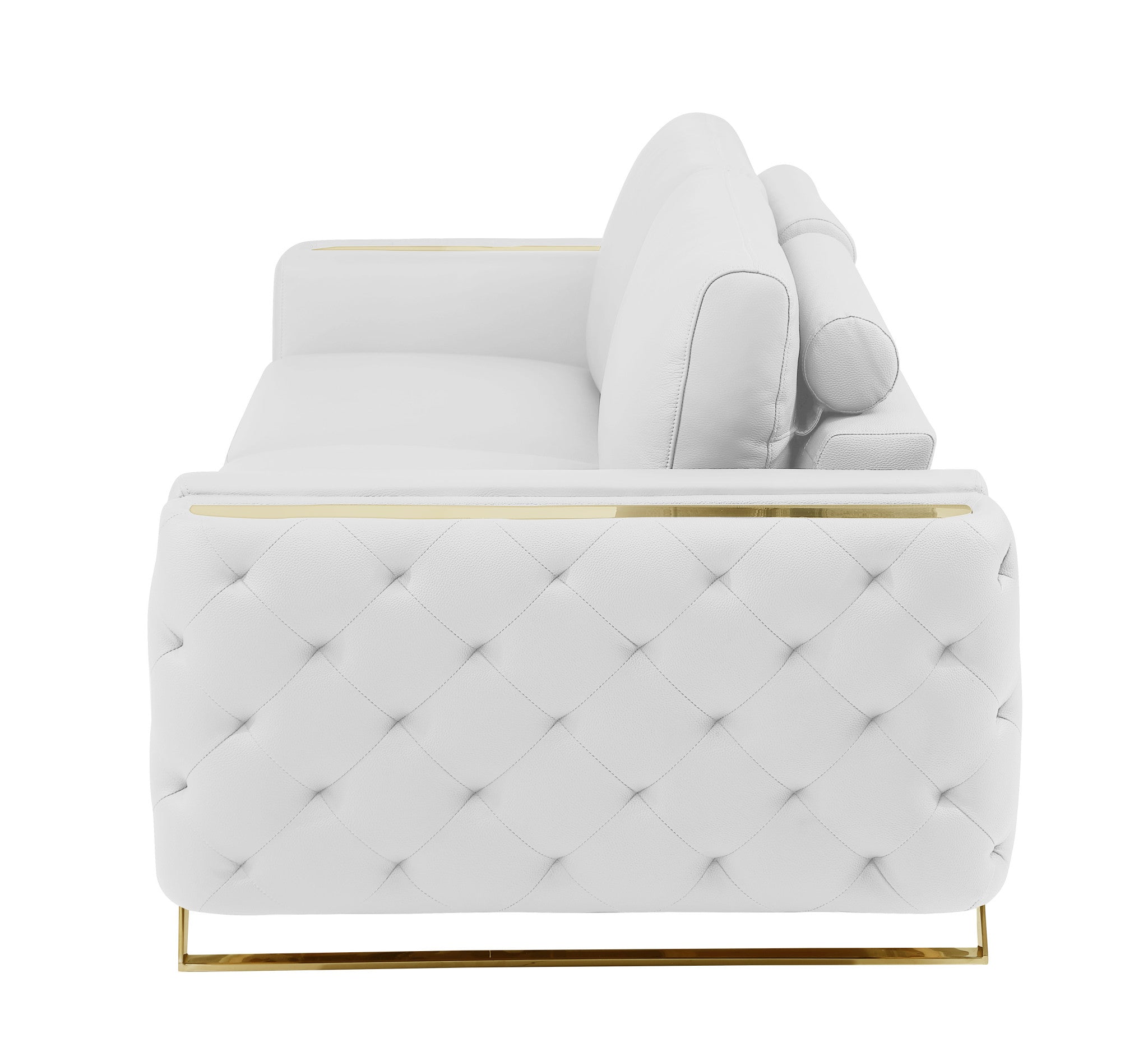 90" White Italian Leather And Gold Sofa