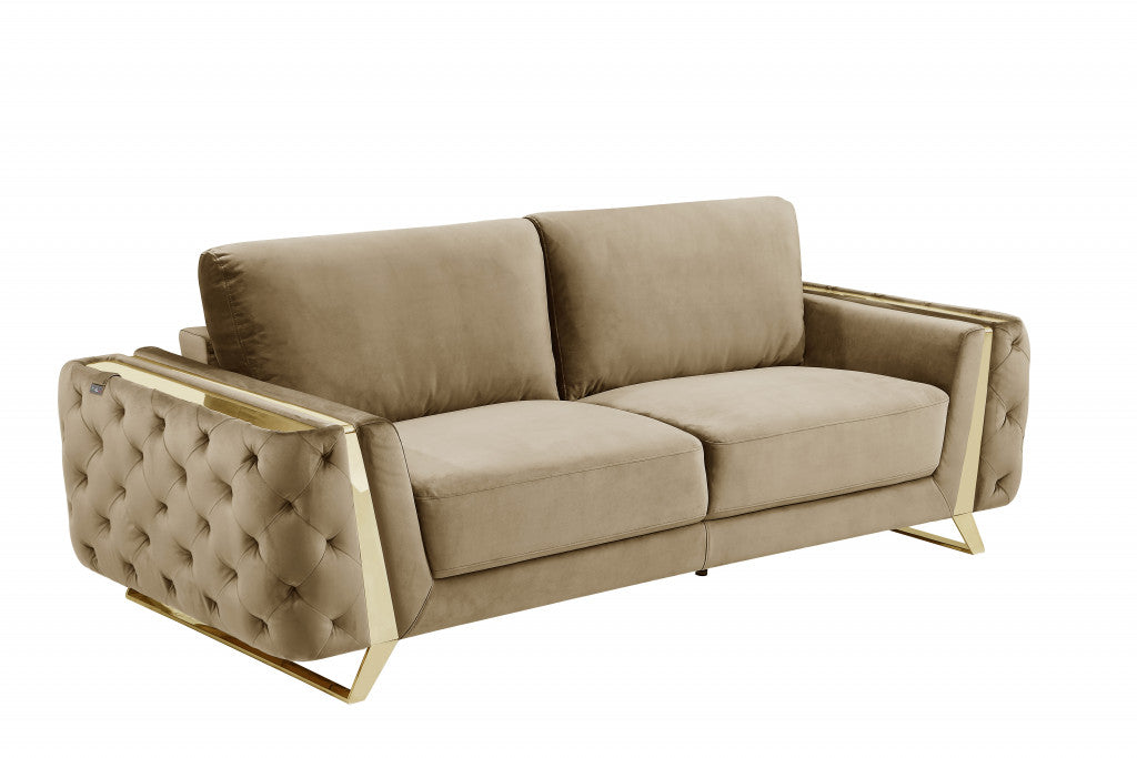 90" Beige Velvet And Gold Stainless Steel Sofa