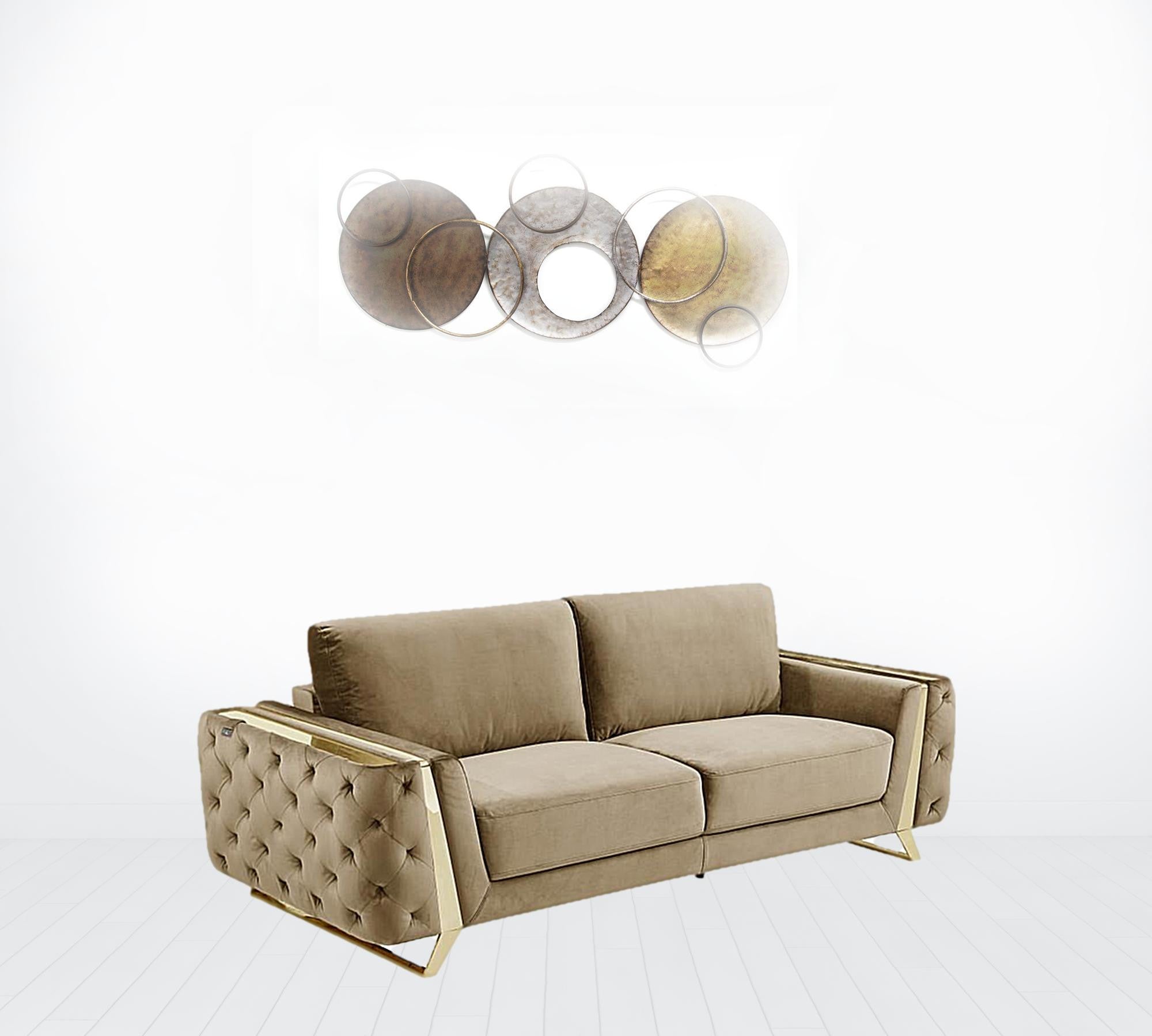 90" Beige Velvet And Gold Stainless Steel Sofa