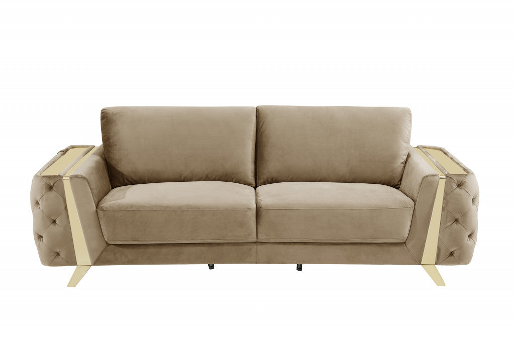 90" Beige Velvet And Gold Stainless Steel Sofa