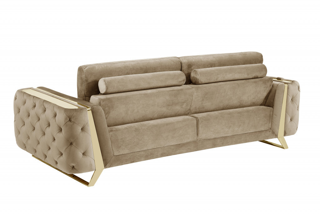 90" Beige Velvet And Gold Stainless Steel Sofa