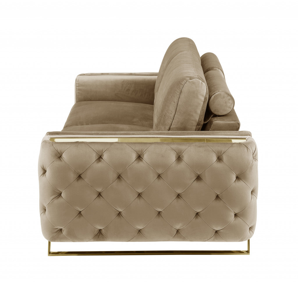 90" Beige Velvet And Gold Stainless Steel Sofa