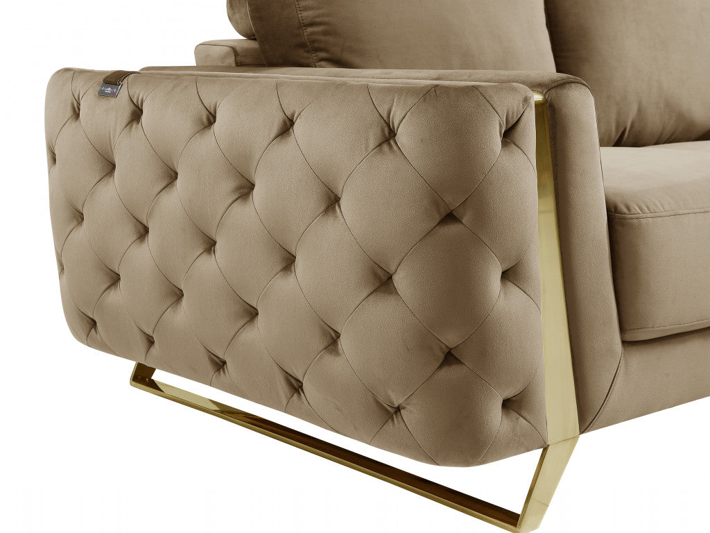 90" Beige Velvet And Gold Stainless Steel Sofa