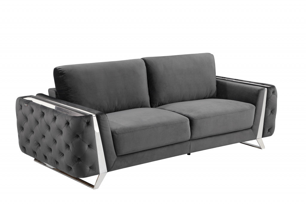 90" Dark Gray Velvet And Chrome Stainless Steel Sofa