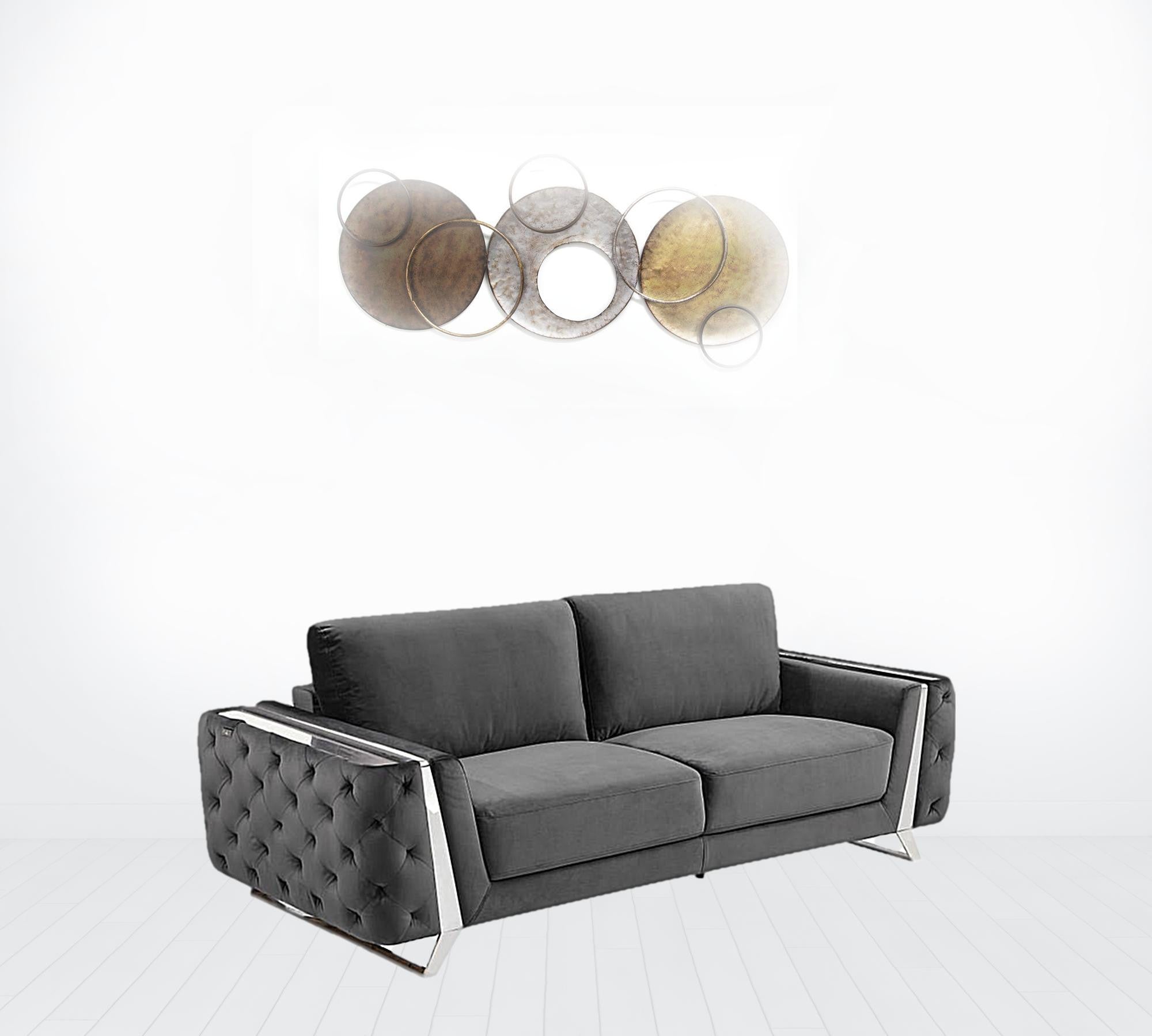 90" Dark Gray Velvet And Chrome Stainless Steel Sofa