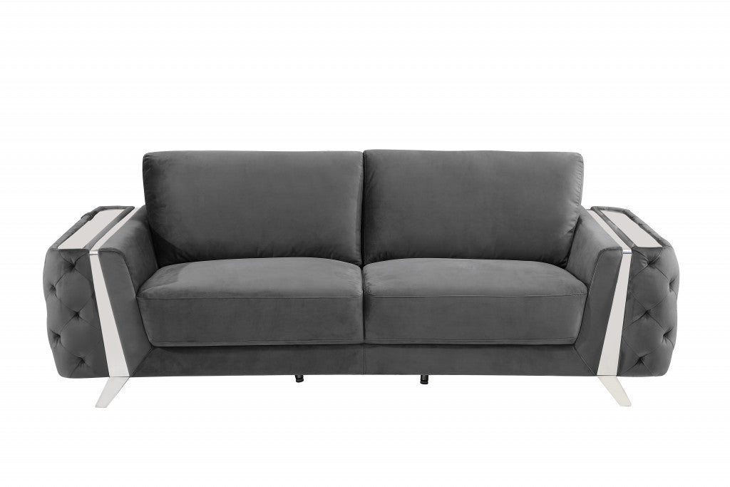 90" Dark Gray Velvet And Chrome Stainless Steel Sofa