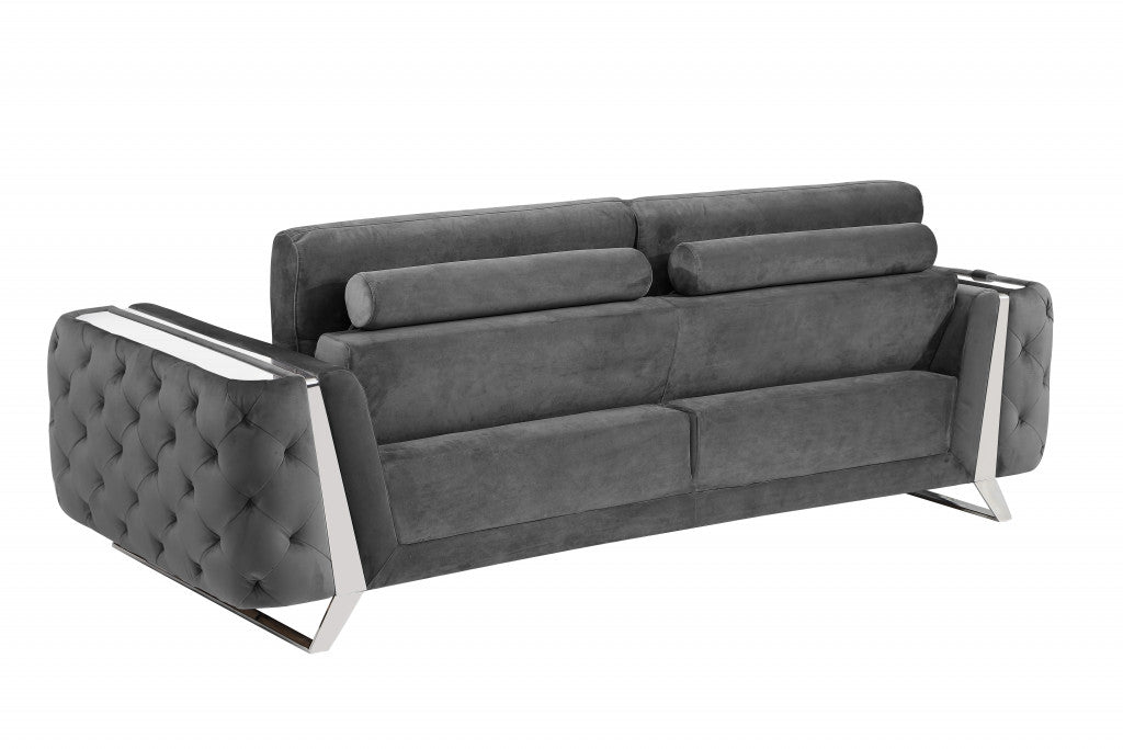 90" Dark Gray Velvet And Chrome Stainless Steel Sofa