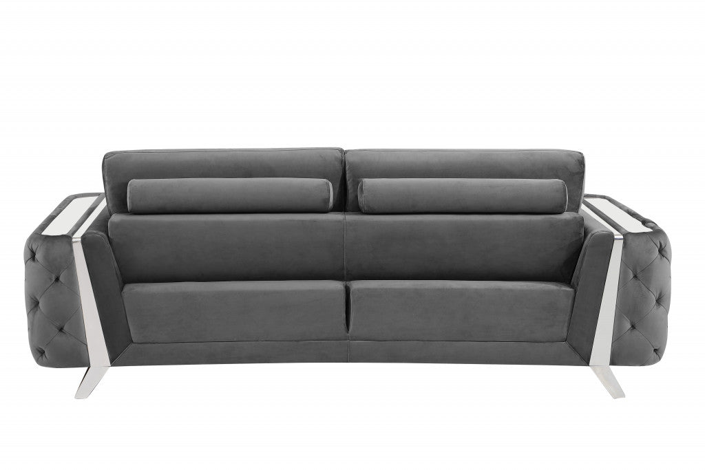 90" Dark Gray Velvet And Chrome Stainless Steel Sofa