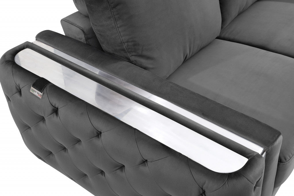 90" Dark Gray Velvet And Chrome Stainless Steel Sofa