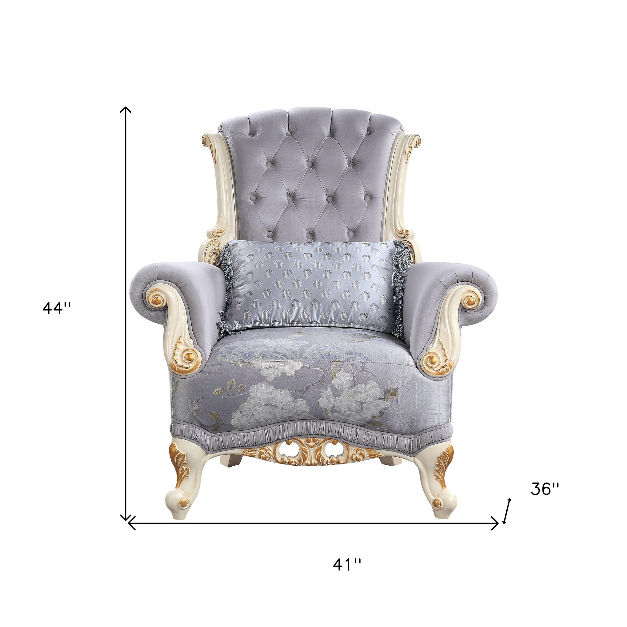 41" Gray Fabric And Black Floral Tufted Arm Chair