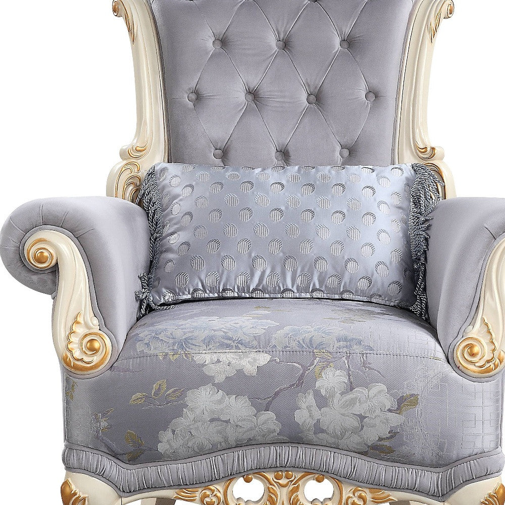 41" Gray Fabric And Black Floral Tufted Arm Chair