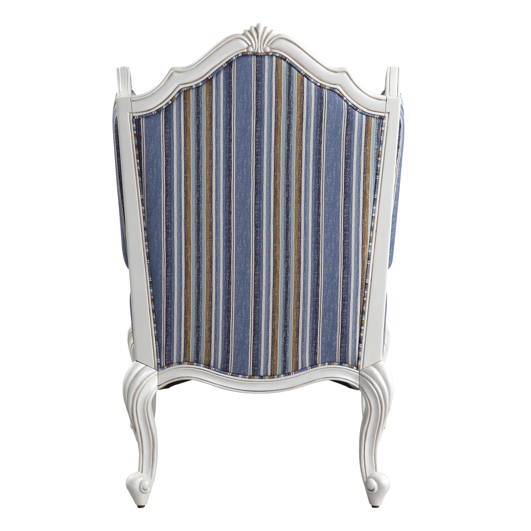 31" Blue White And Brown Fabric And White Striped Wingback Chair