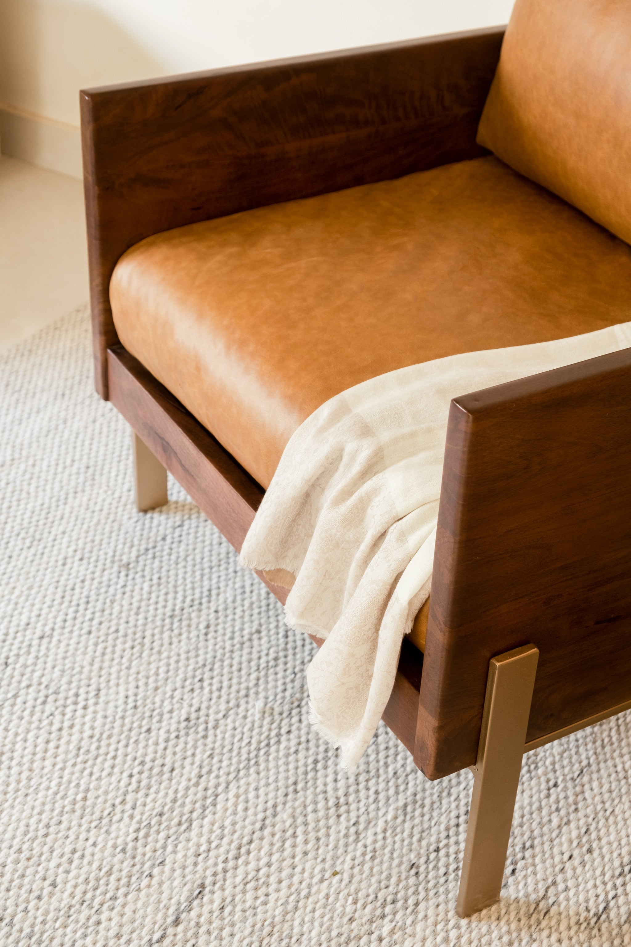 31" Carmel Brown Top Grain Leather And Gold Arm Chair