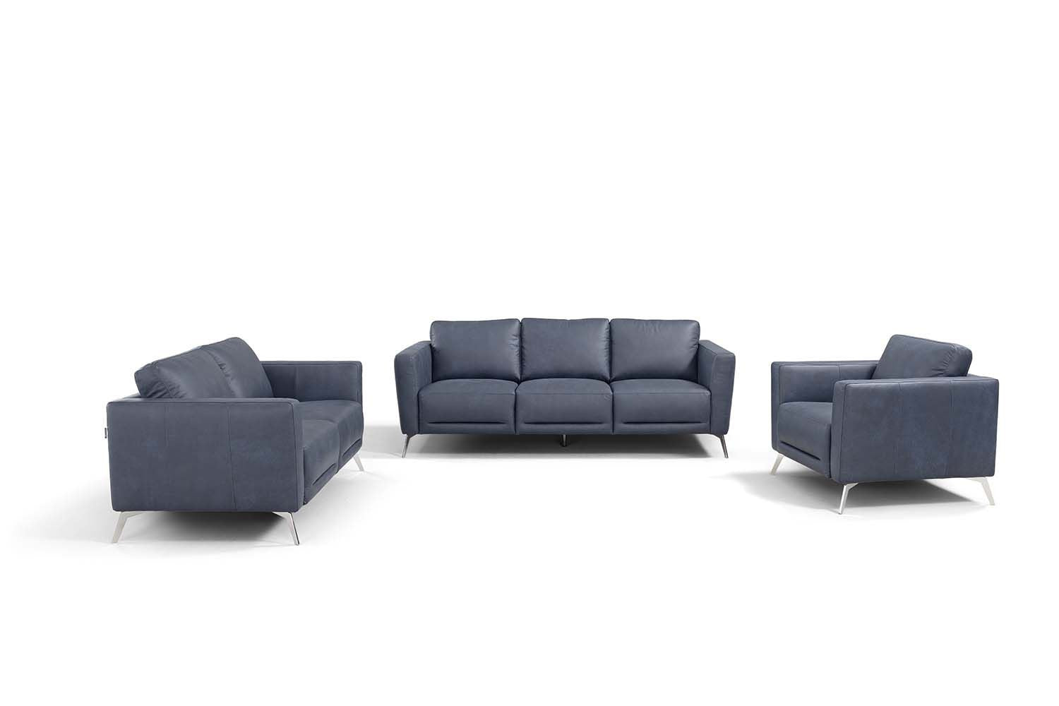 85" Blue Leather And Black Sofa